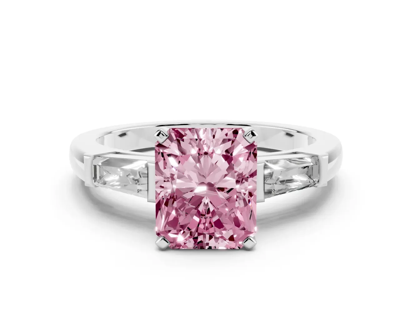 Fancy Pink Radiant Cut Diamond Solitaire Ring Set in White gold with Tapered Baguette Side Stones and Prong Setting