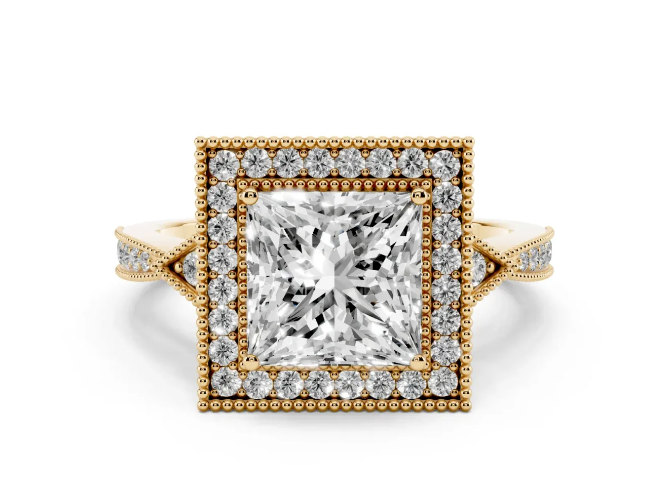 Princess Cut Diamond Halo Engagement Ring Set in Yellow gold with Milgrain Pavé Band