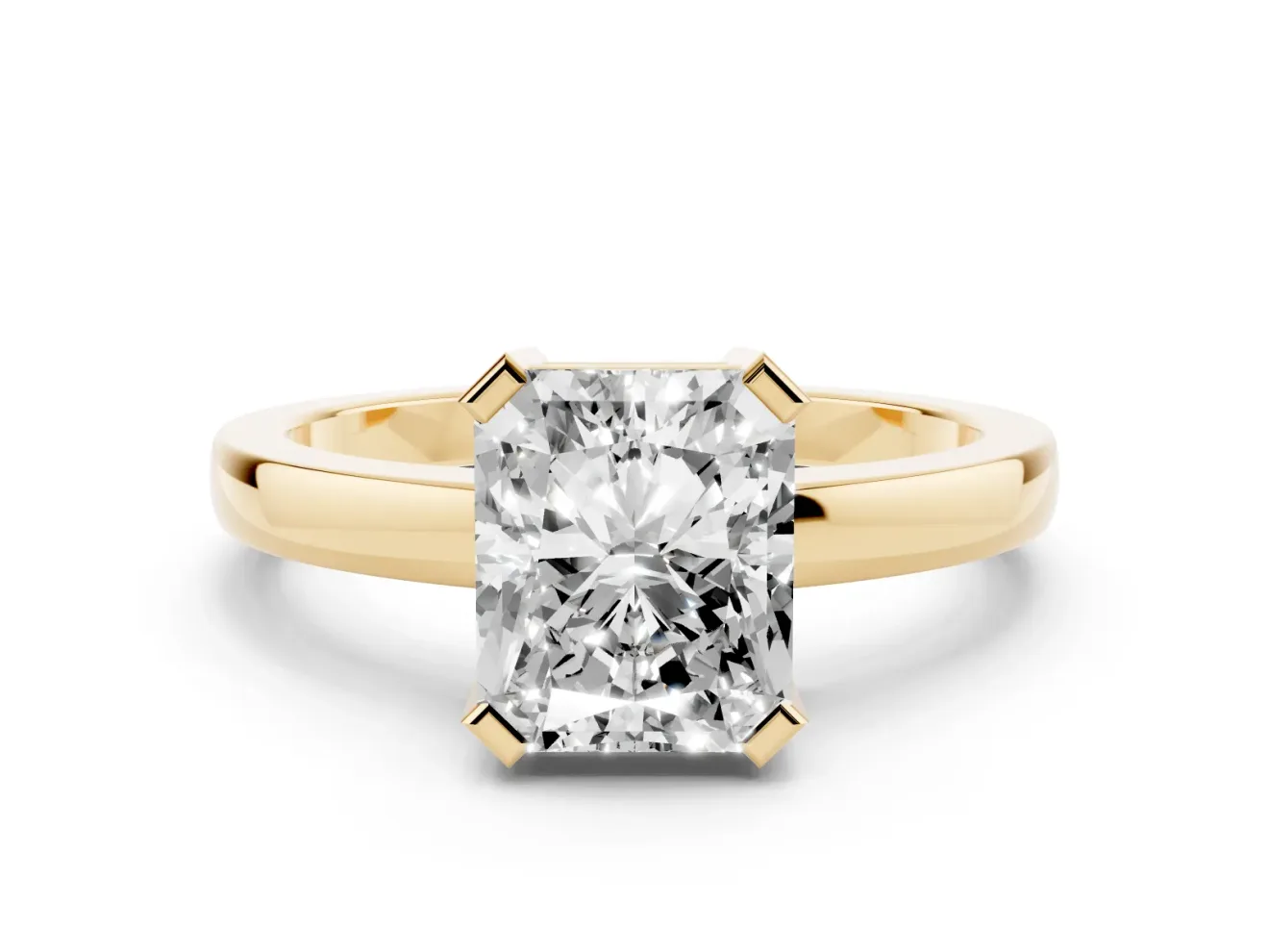 Radiant Cut Diamond Solitaire Ring Set in Yellow gold with Prong Head and Smooth Polished Band