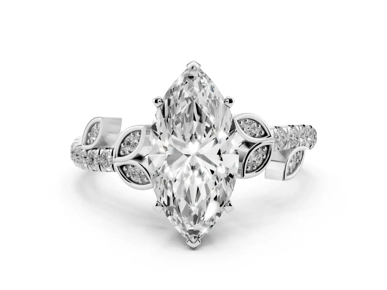 Marquise Cut Diamond Solitaire Leaf-Inspired Ring Set in Silver with Pavé Band and Prong Setting