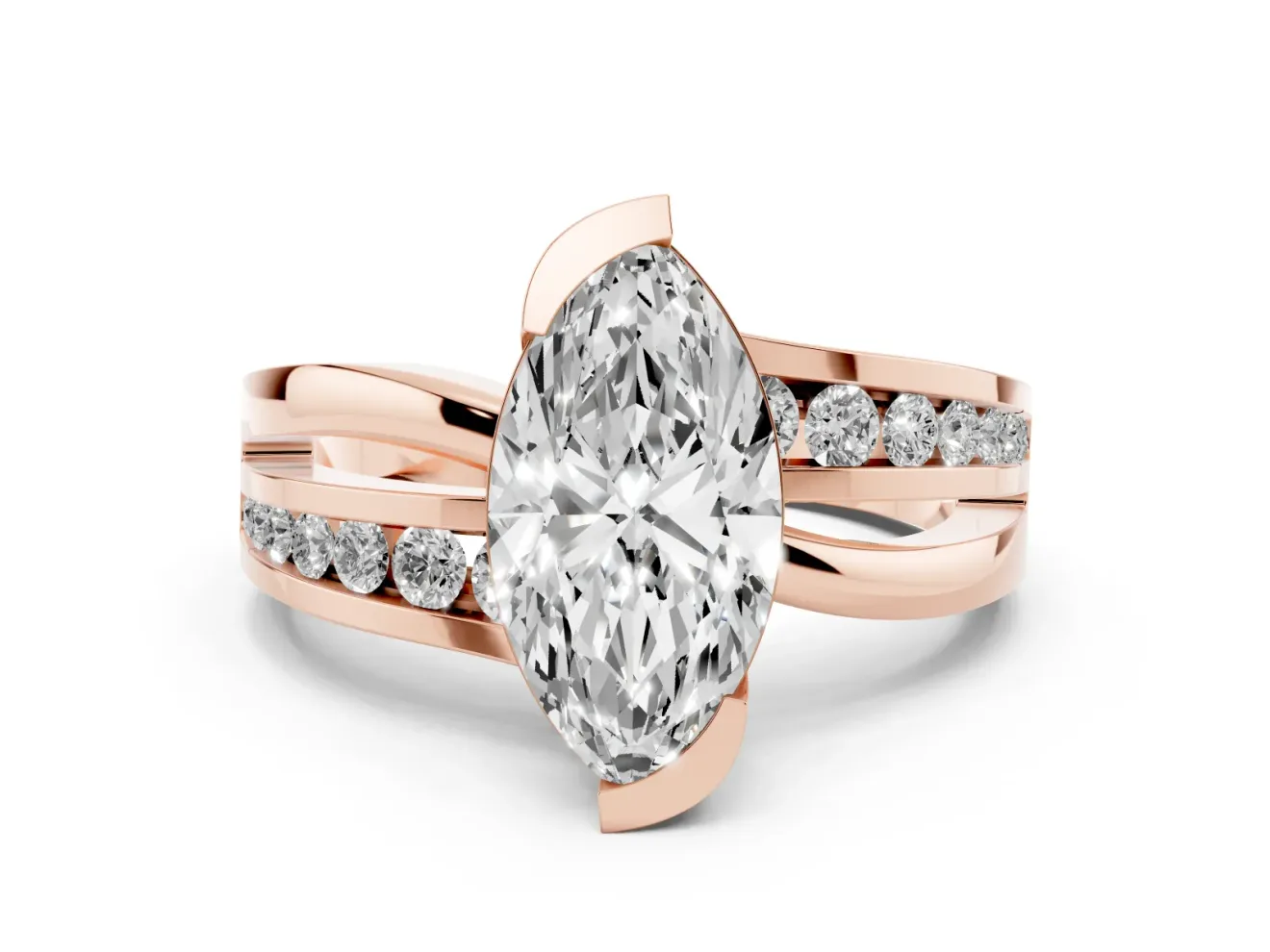 Marquise Graduated Channel Bypass Engagement Ring Setting | Split Shank | Rose Gold