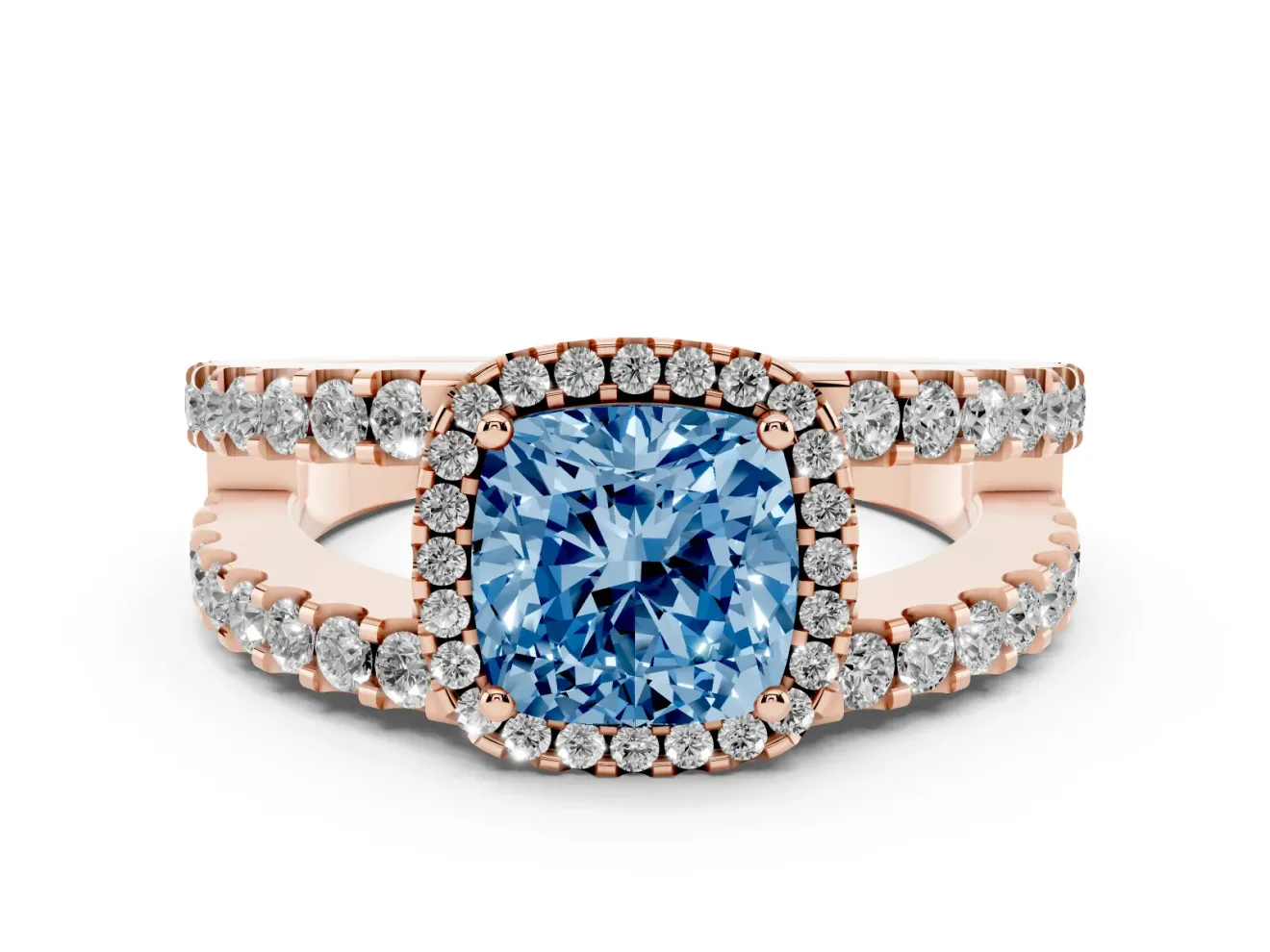 Cushion Cut Halo Split Shank Engagement Ring Setting for a Fancy Blue Lab-Grown Diamond | Rose Gold
