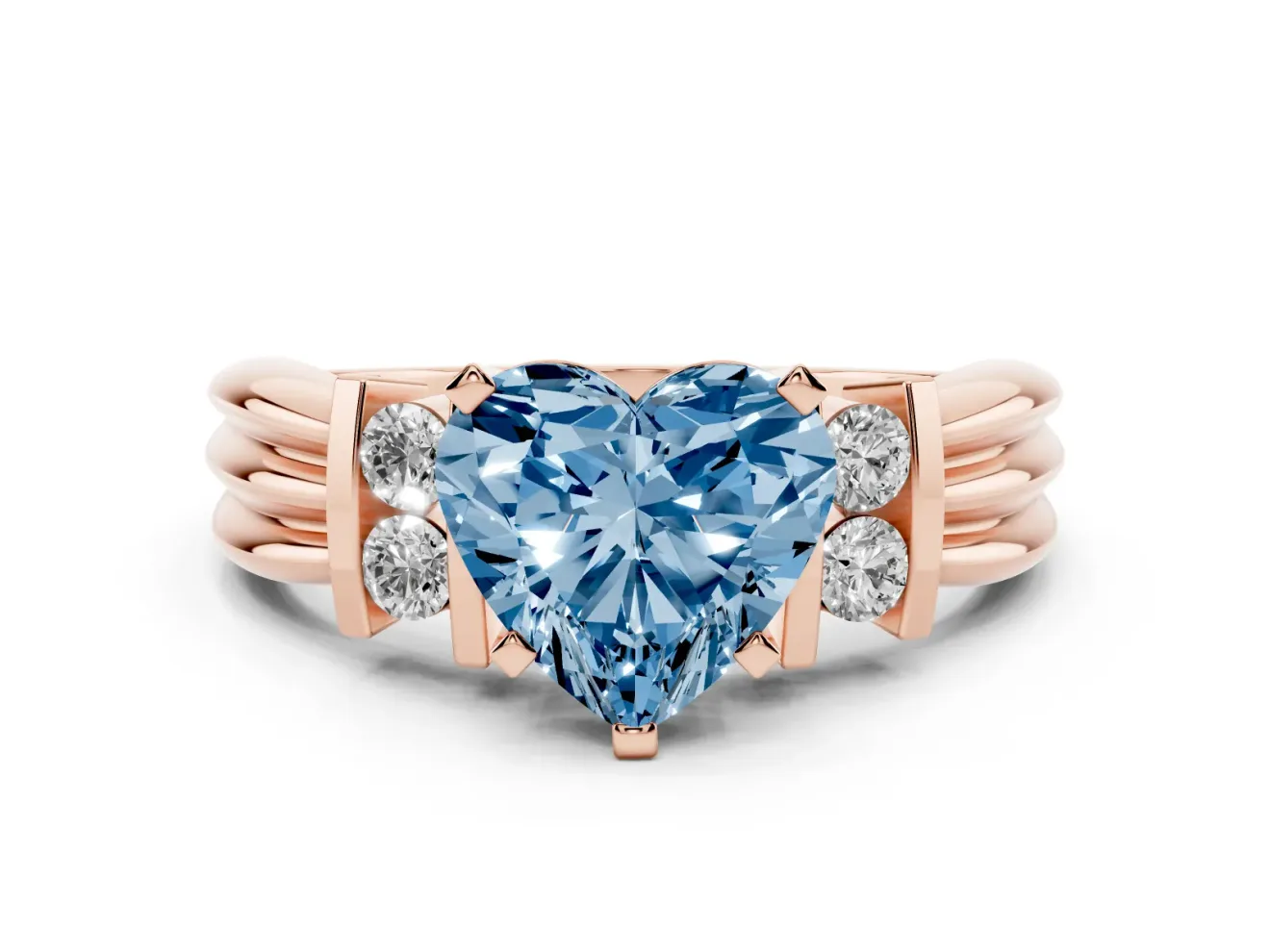 Fancy Blue Three-Stone Heart Cut Diamond Channel Set Ring Set in Rose gold with Bar Prongs