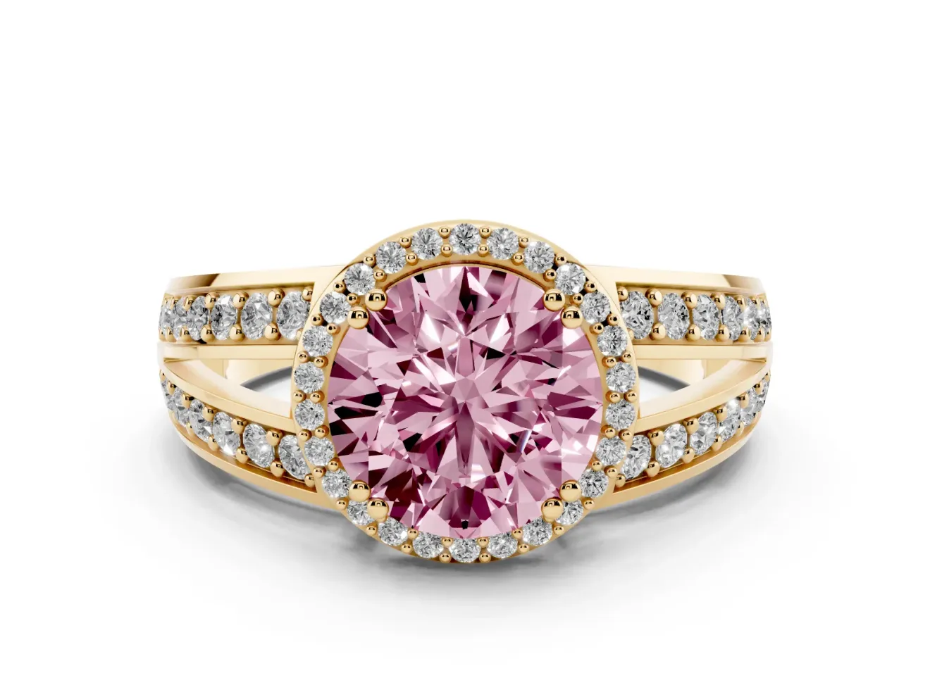 Round Halo Engagement Ring Setting for a Fancy Pink Lab-Grown Diamond | Split Shank | Yellow Gold