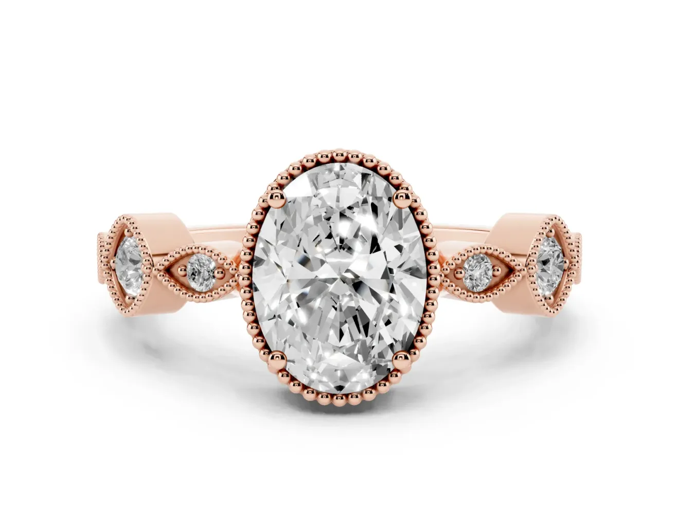 Oval Vintage Milgrain Engagement Ring Setting | Marquise and Square Stations | Rose Gold