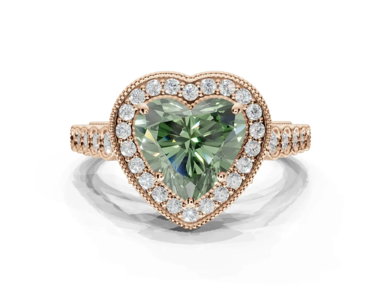 Fancy Green Heart-Shaped Lab-Grown Diamond Milgrain Halo Solitaire Ring Set in Rose Gold with Bezel Set Side Stones and Pavé Band