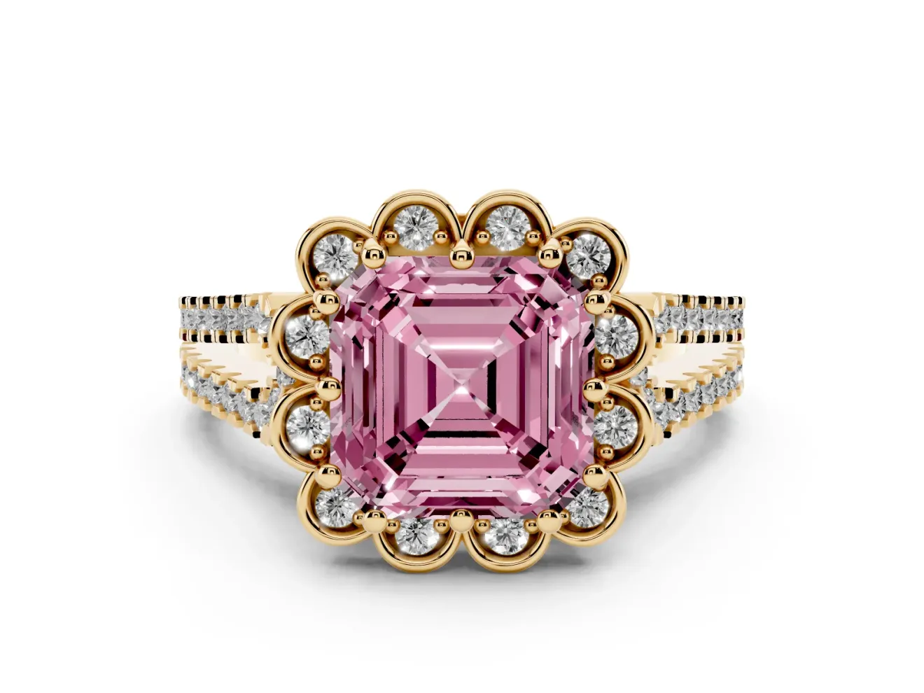 Asscher Cut Floral Halo Engagement Ring Setting for a Fancy Pink Lab-Grown Diamond | Pavé Split Shank | Yellow Gold