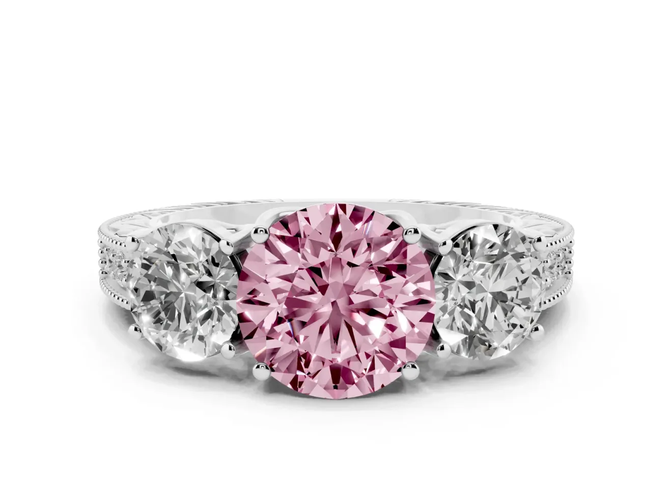 Round Vintage Three Stone Engagement Ring Setting for a Fancy Pink Lab-Grown Diamond | Sterling Silver