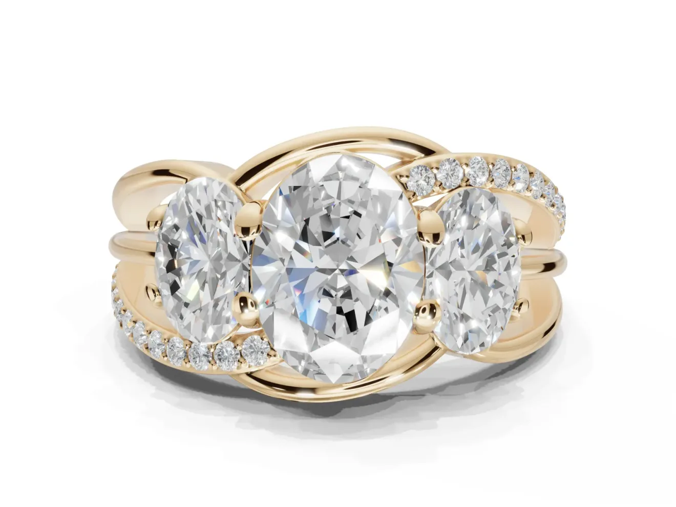 Oval Three Stone Split Shank Engagement Ring Setting | Matching Sides | Yellow Gold