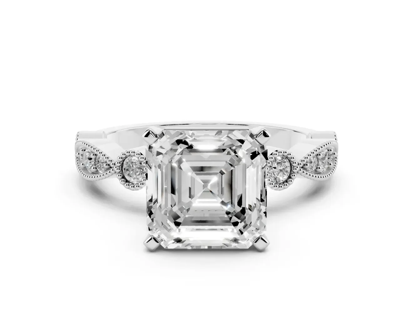 Asscher Cut Diamond Solitaire Engagement Ring Set in White gold with Milgrain Bezel Accent Band