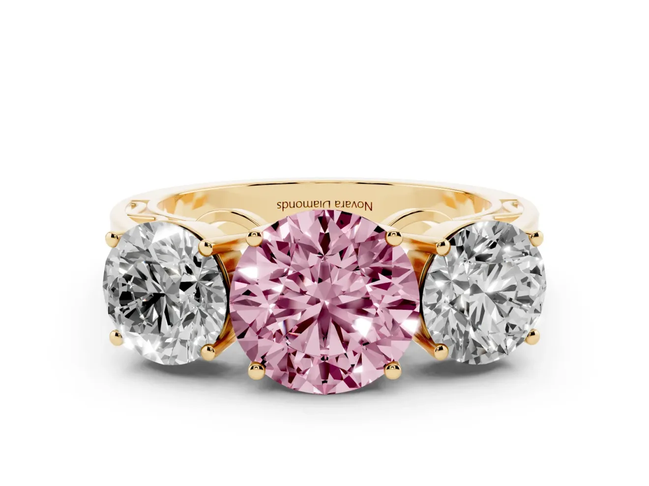Round Engagement Ring Setting for a Fancy Pink Lab-Grown Diamond | Three Stone | Yellow Gold