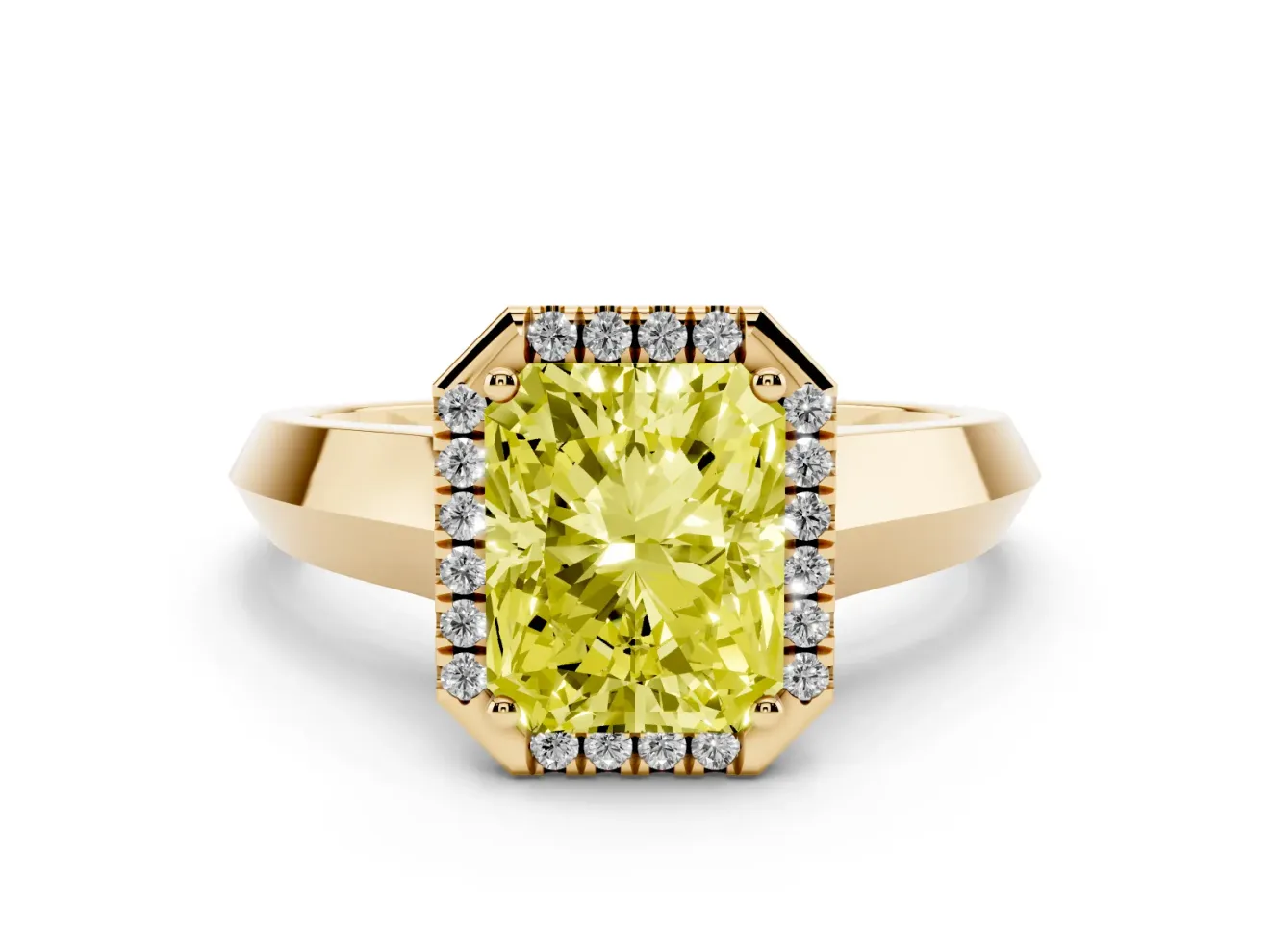 Fancy Yellow Radiant Cut Diamond Halo Ring Set in Yellow gold with Cathedral Band and Prong Setting