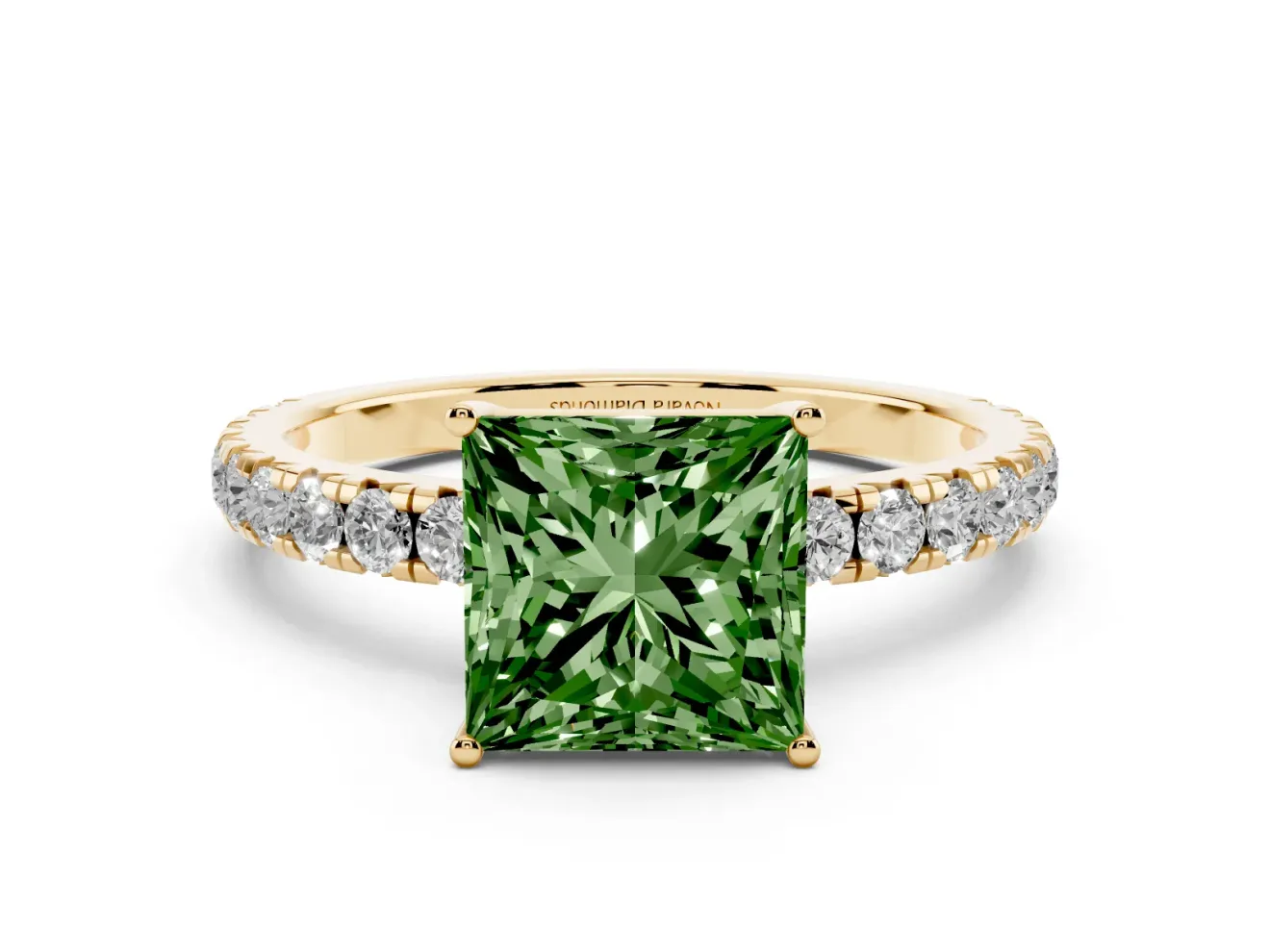 Princess Cut Pave Engagement Ring Setting for a Fancy Green Lab-Grown Diamond | Shared Prong Band | Yellow Gold