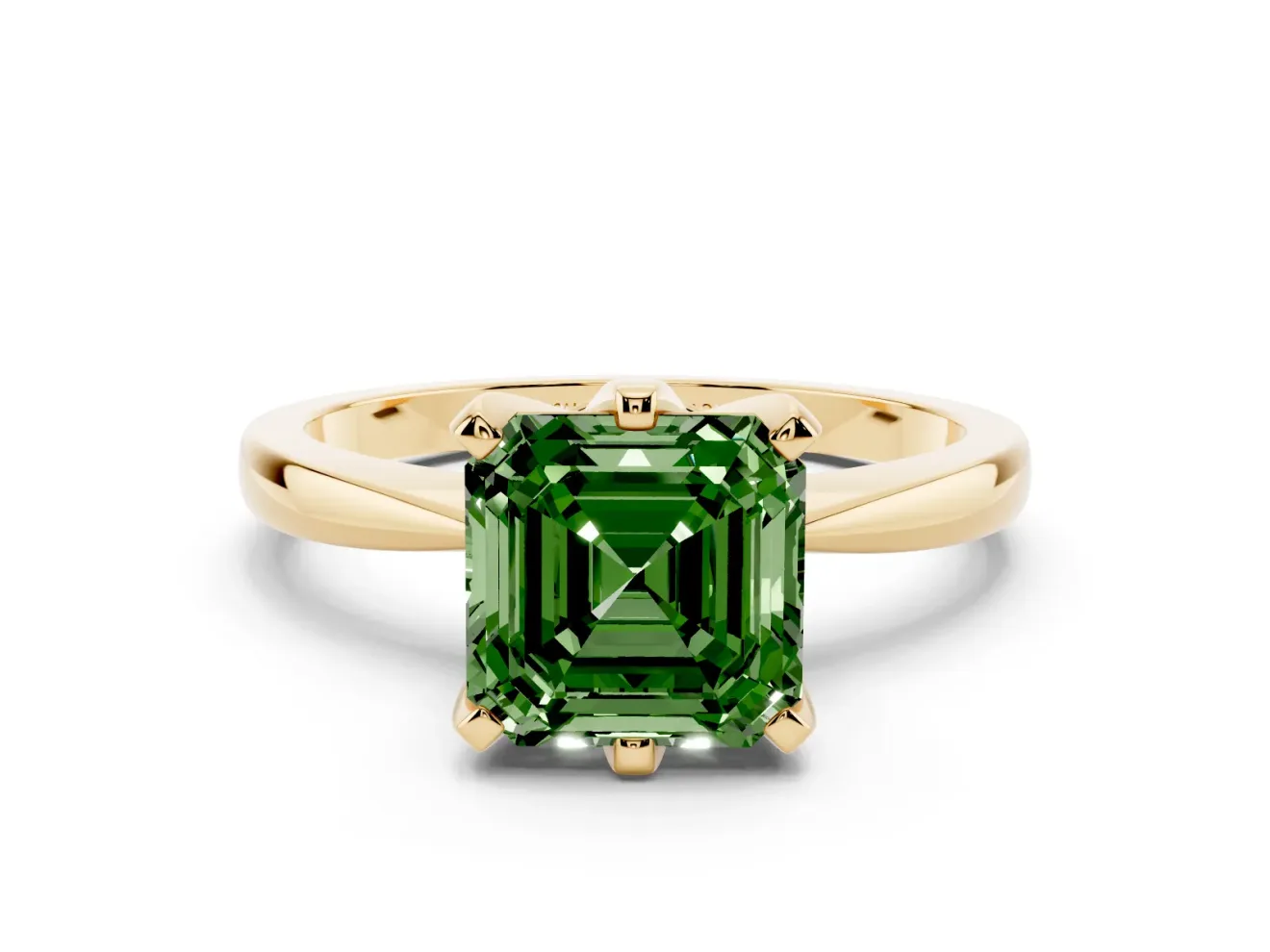 Fancy Green Asscher Cut Diamond Solitaire Engagement Ring Set in Yellow gold with Slim Tapered Solitaire Band
