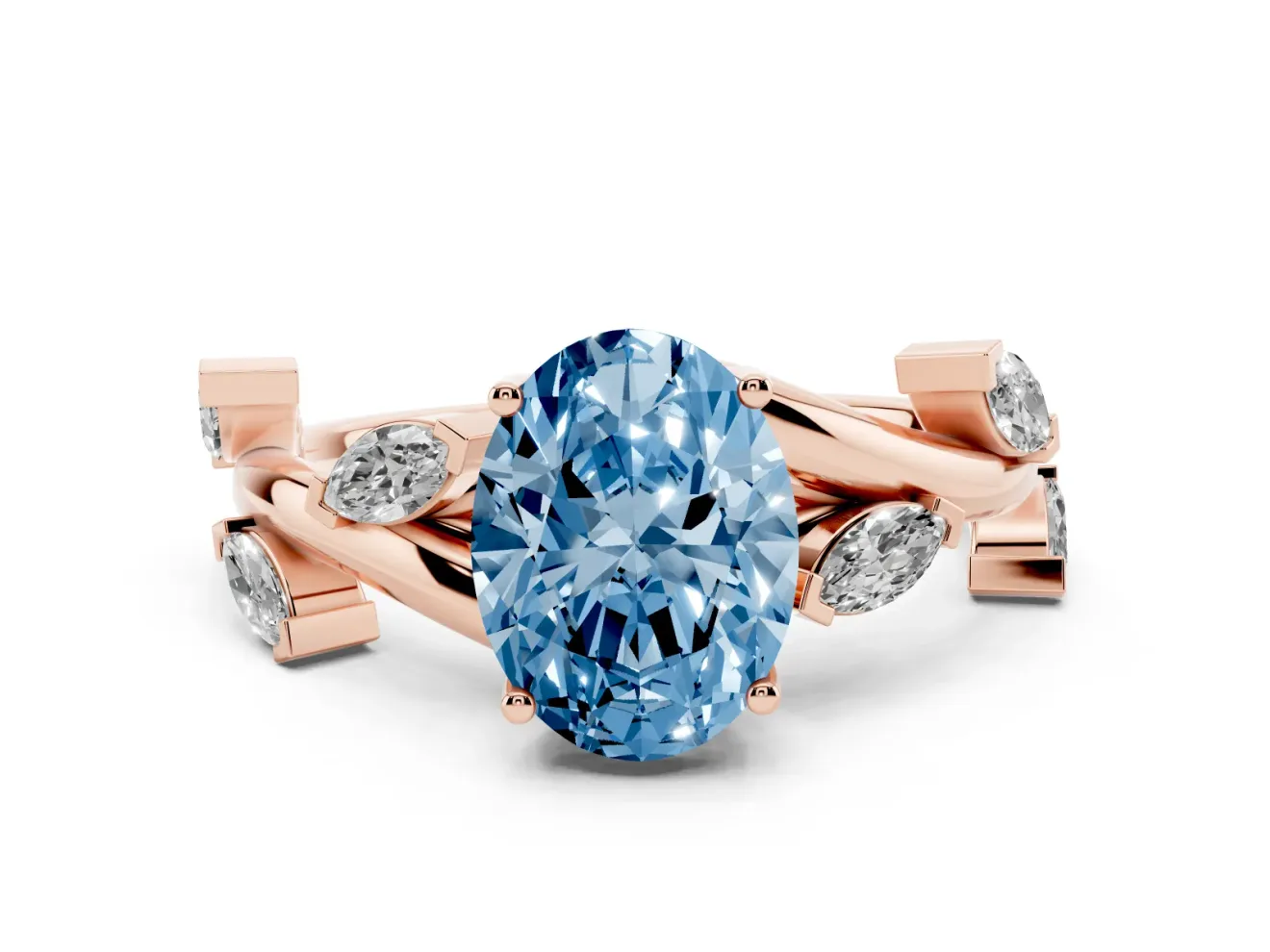 Fancy Blue Oval Cut Diamond Solitaire Ring Set in Rose gold with Twisted Marquise Accent Band