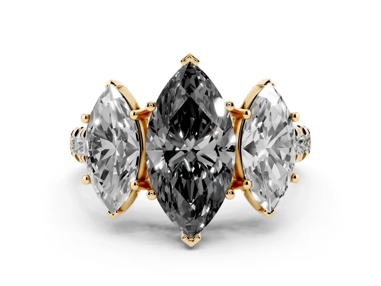 Marquise Three Stone Engagement Ring Setting for a Black Center | Accented Shoulders | Yellow Gold