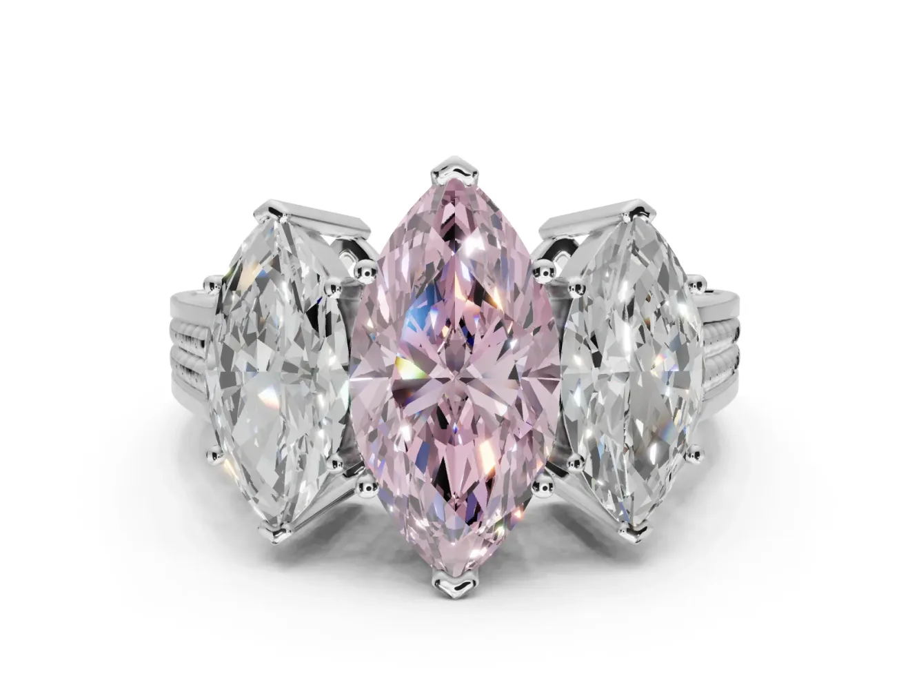Marquise Three Stone Engagement Ring Setting for a Fancy Pink Lab-Grown Diamond | Beaded Shoulders | Sterling Silver