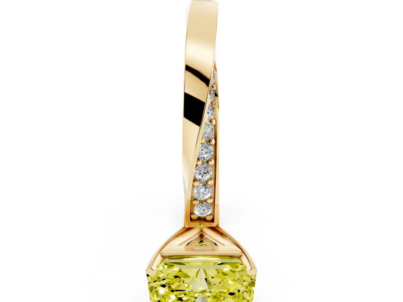 Fancy Yellow Radiant Cut Diamond Engagement Ring Set in Yellow gold with Side Stone Accents and Prong Setting