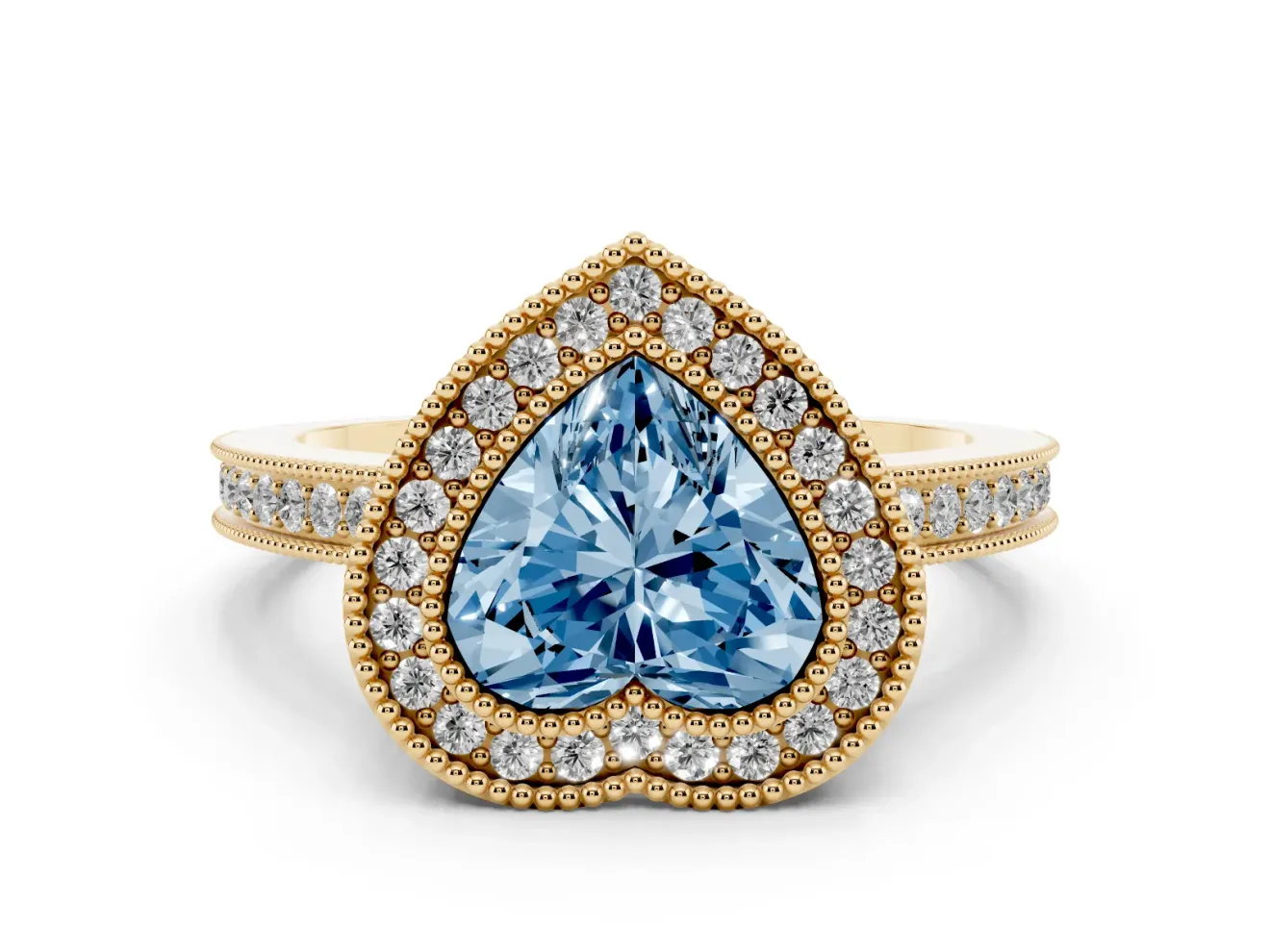 Fancy Blue Heart Cut Diamond Halo Ring Set in Yellow gold with Pavé Band and Milgrain-Edged Prongs