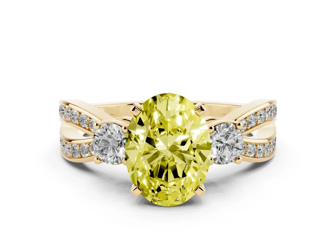 Fancy Yellow Three-Stone Oval Cut Diamond Twist Band Ring Set in Yellow gold with Pavé Accents and Prong Setting