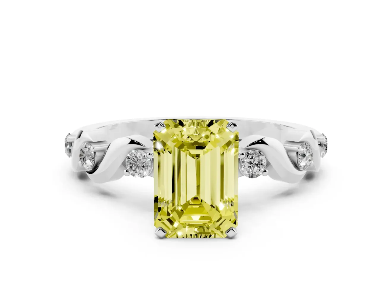 Fancy Yellow Emerald Cut Diamond Solitaire Ring Set in Silver with Ribbon Twist Band, Round Accents and Prong Setting