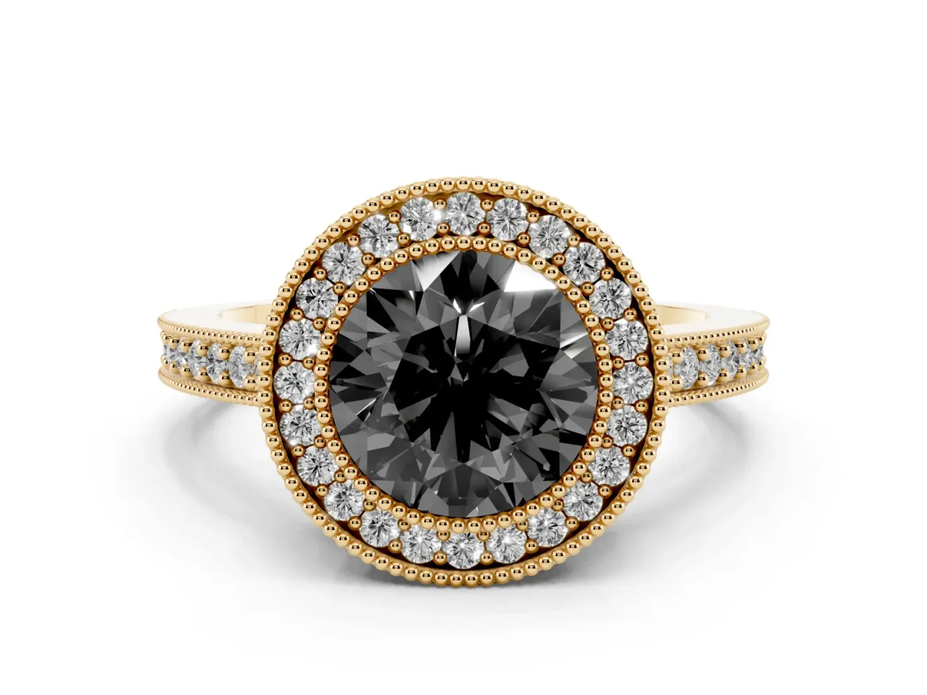 Round Vintage Milgrain Halo Engagement Ring Setting for a Black Center | Pavé Band | Yellow Gold