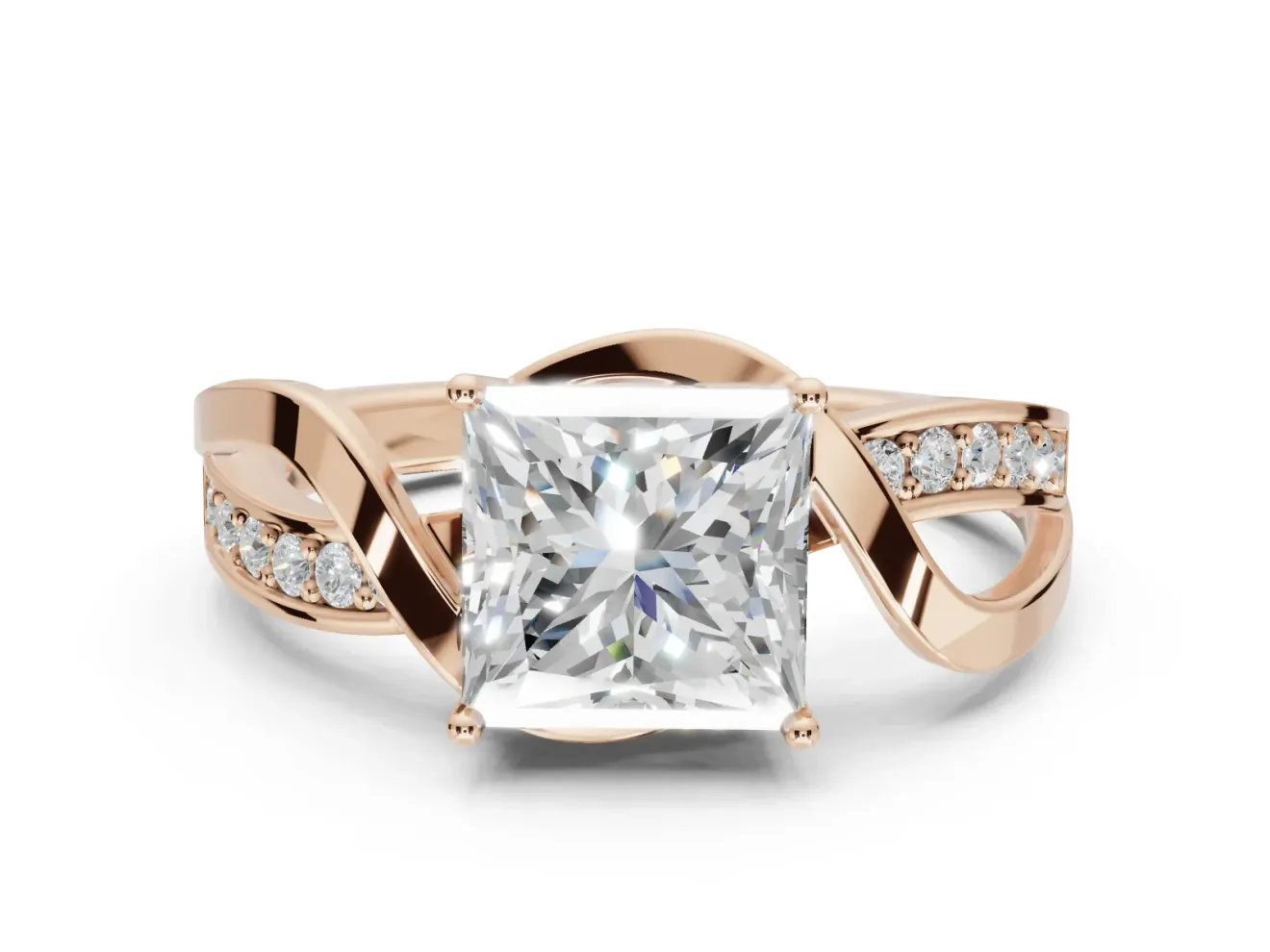 Princess Cut Bypass Solitaire Engagement Ring Setting | Pavé and Plain Strands | Rose Gold