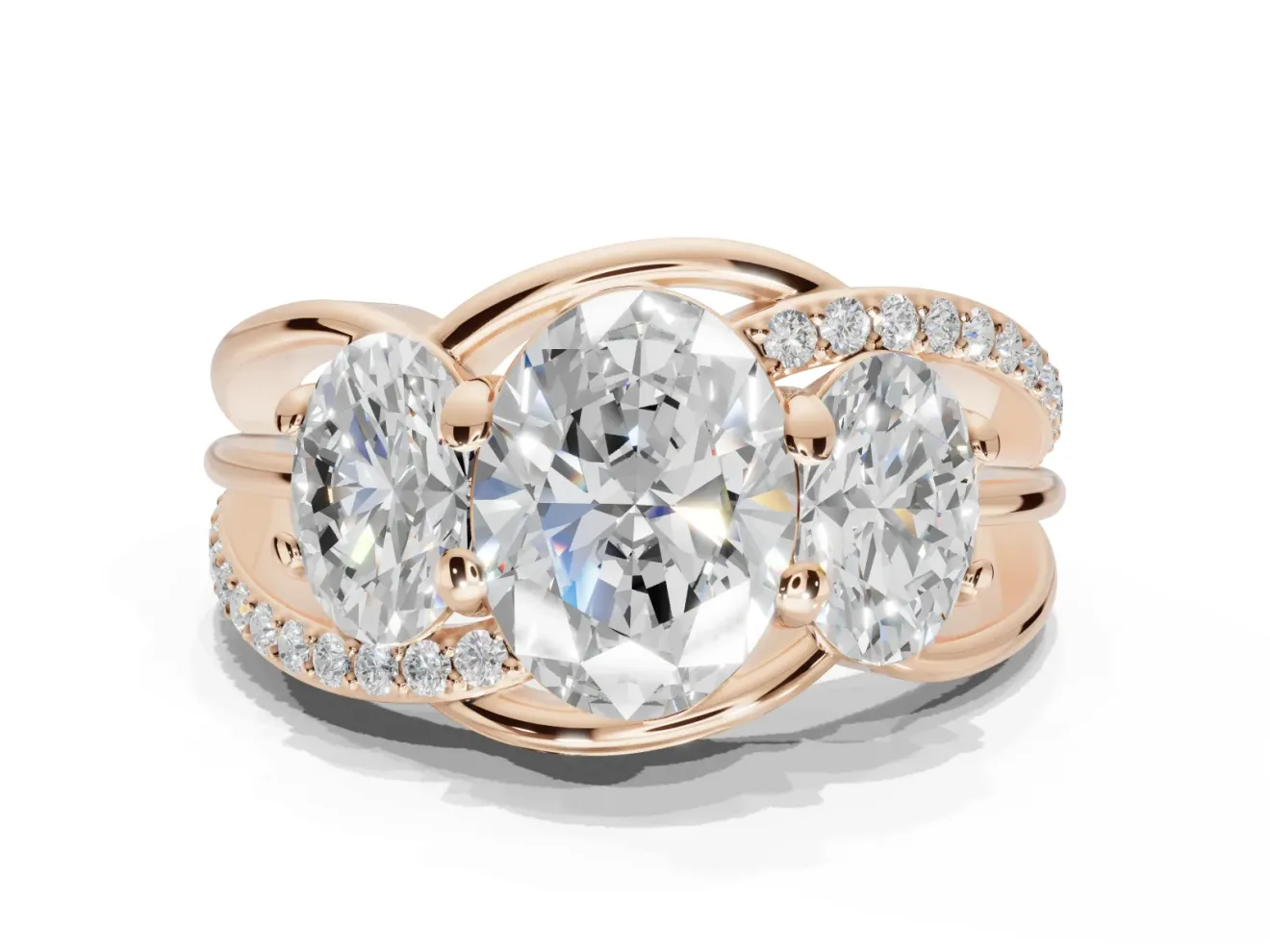 Oval Three Stone Split Shank Engagement Ring Setting | Matching Sides | Rose Gold