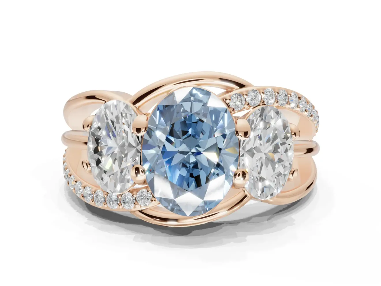Oval Three Stone Split Shank Engagement Ring Setting for a Fancy Blue Lab-Grown Diamond | Matching Sides | Rose Gold