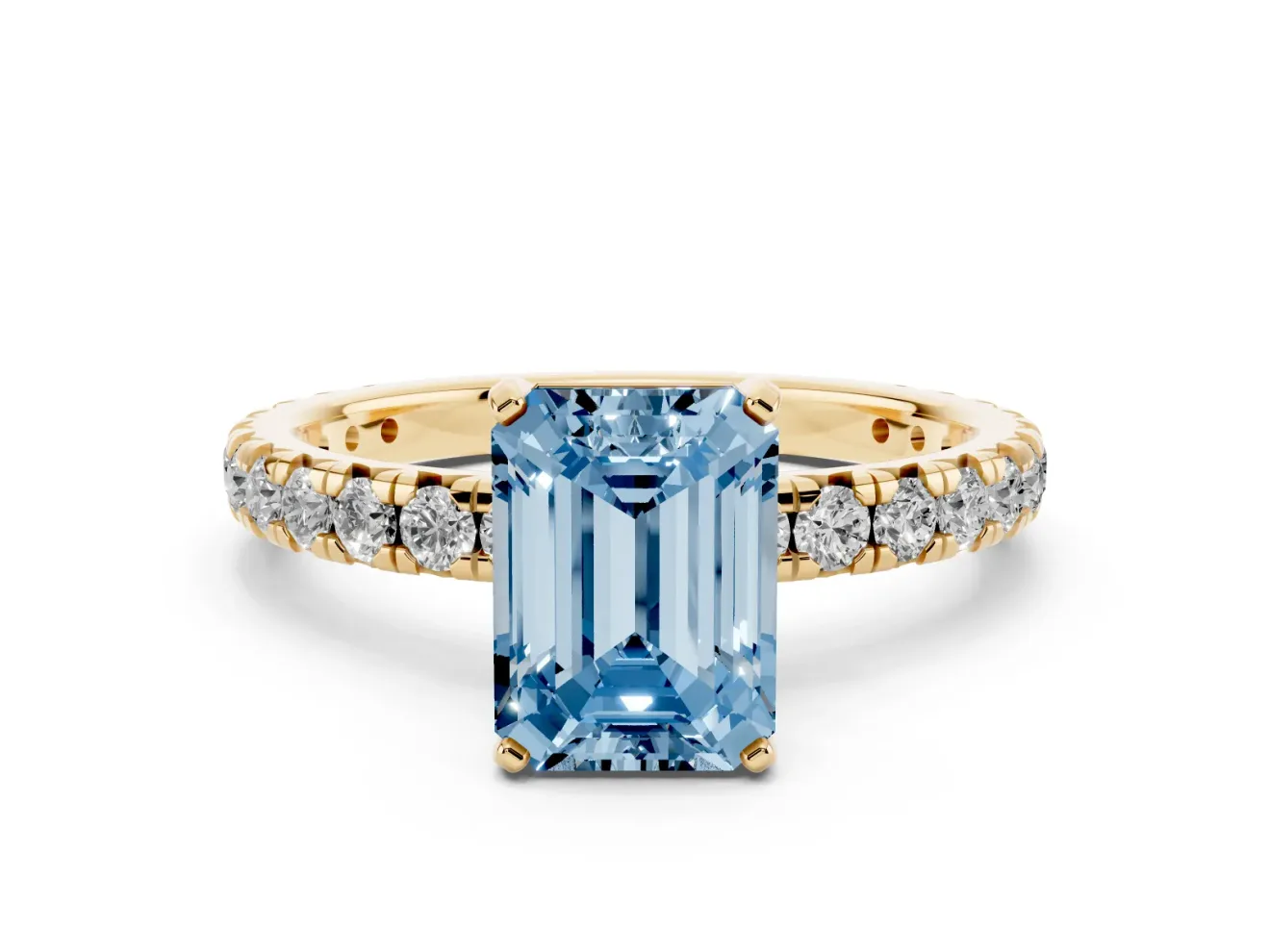 Fancy Blue Emerald Cut Diamond Pavé Solitaire Ring Set in Yellow gold with Round Band and Prong Setting