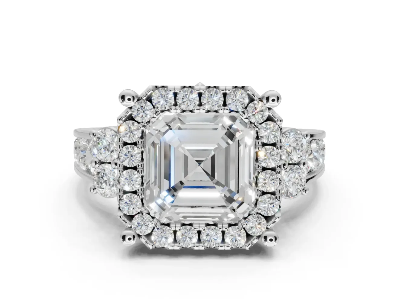 Asscher Cut Halo Side Cluster Engagement Ring Setting | Graduated Channel Band | Sterling Silver