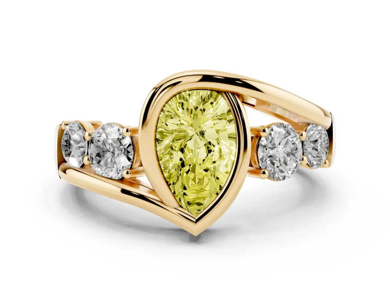 Fancy Yellow Pear Cut Diamond Bezel Bypass Ring Set in Yellow gold with Round Accents