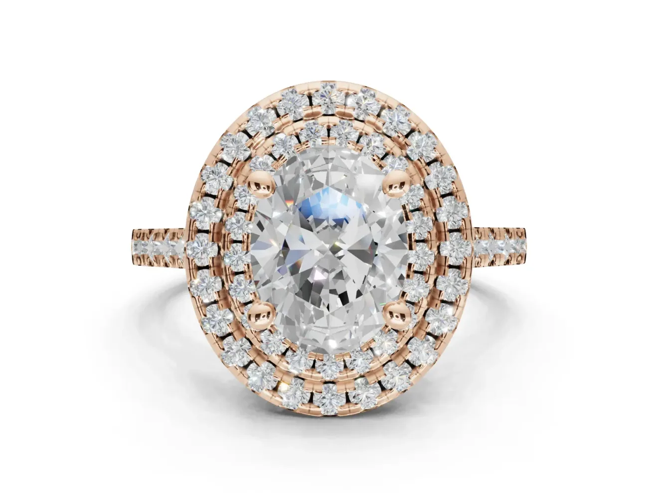 Oval Lab-Grown Diamond Double Halo Statement Ring Set in Rose Gold with Pavé Band