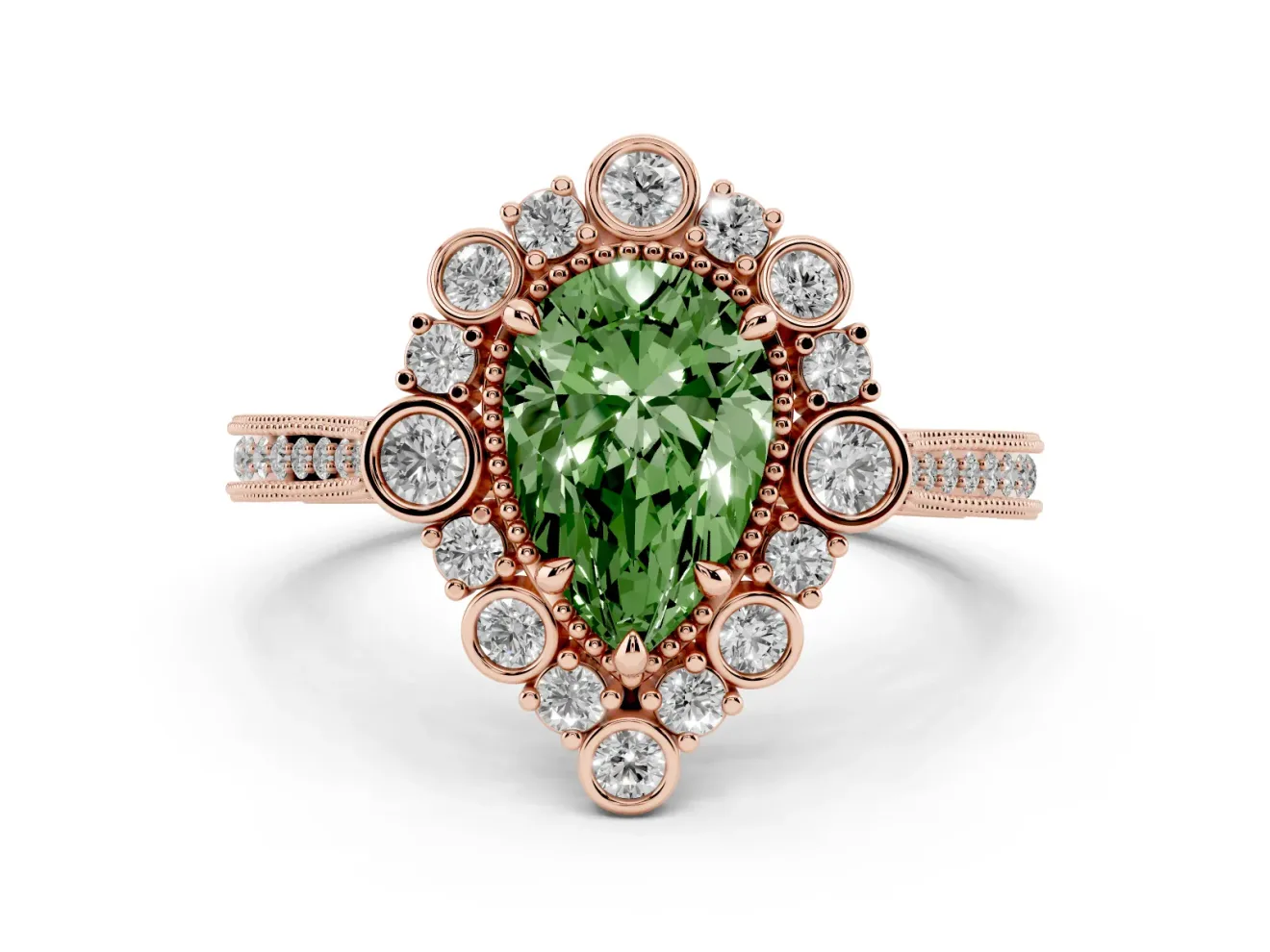 Fancy Green Pear Cut Diamond Halo Milgrain Pavé Ring Set in Rose gold with Prong Setting