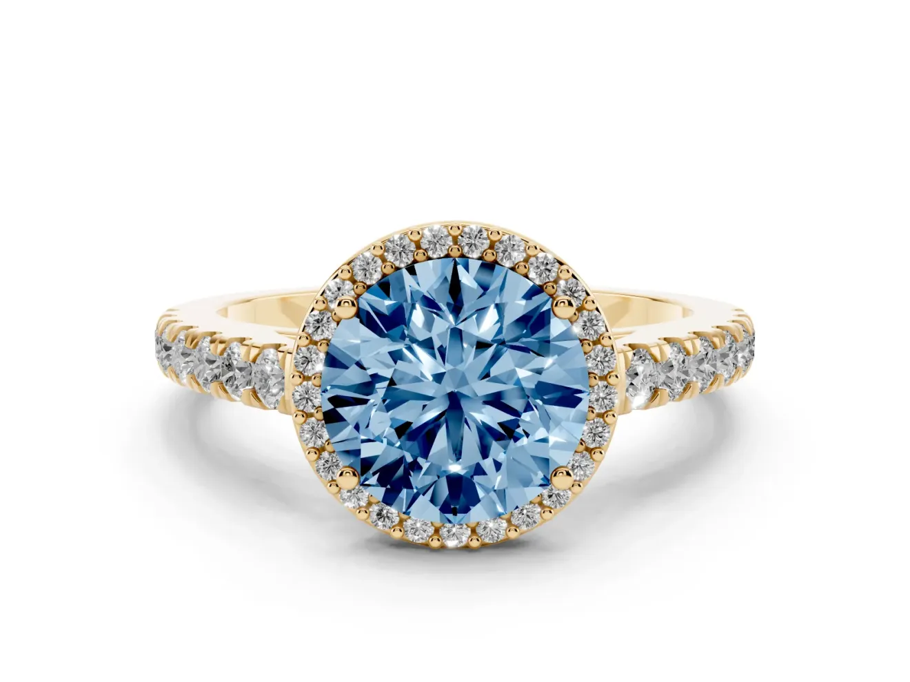 Fancy Blue Round Cut Diamond Halo Engagement Ring Set in Yellow gold with Pavé Band and Prong Setting