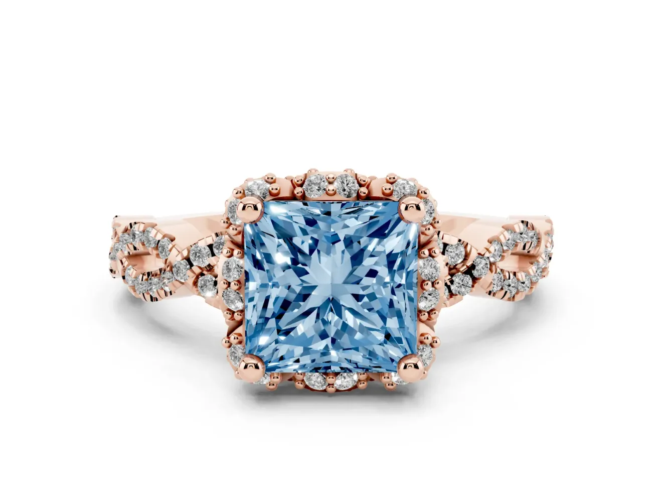 Princess Cut Milgrain Halo Engagement Ring Setting for a Fancy Blue Lab-Grown Diamond | Graduated Shoulders | Rose Gold