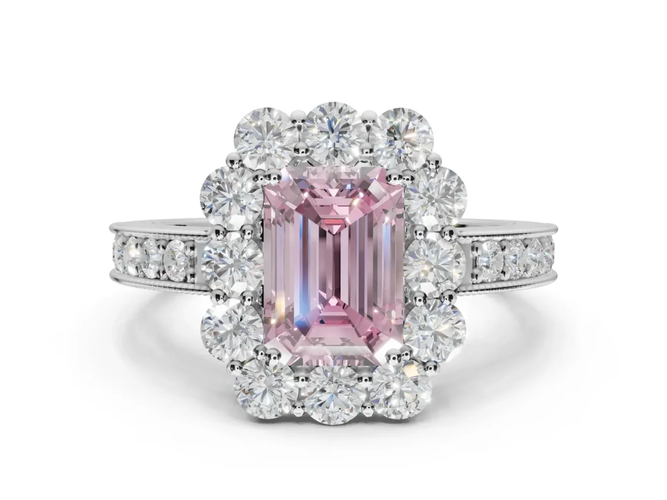 Emerald Cut Vintage Halo Engagement Ring Setting for a Fancy Pink Lab-Grown Diamond | White Gold