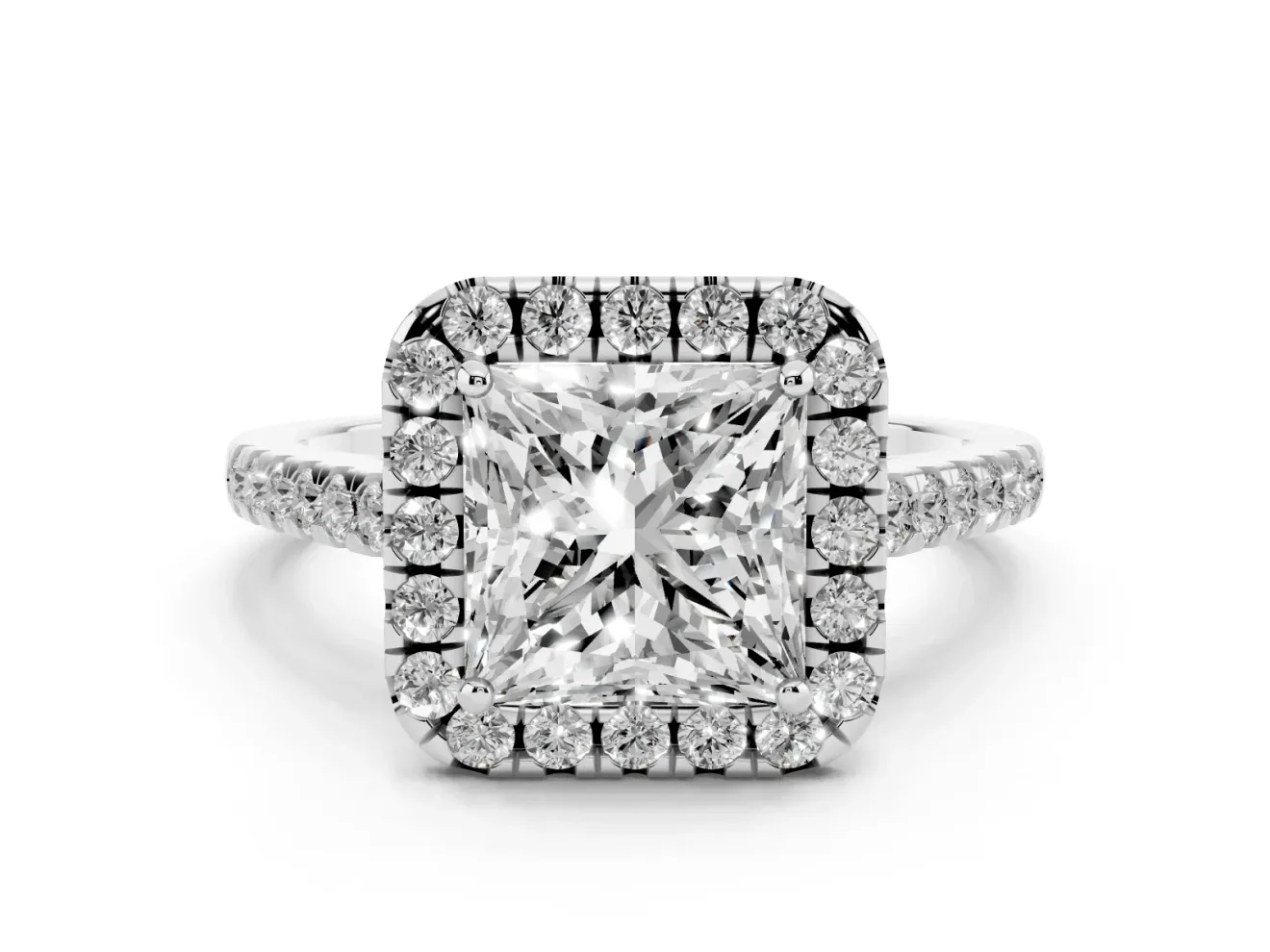 Princess Cut Raised Halo Engagement Ring Setting | Pave Band | White Gold