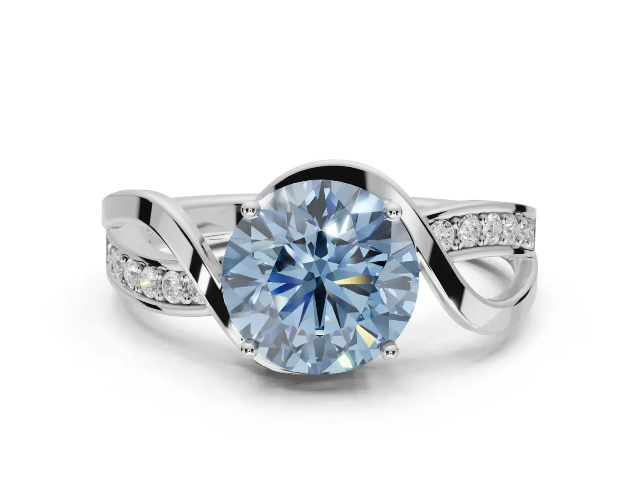 Round Bypass Solitaire Engagement Ring Setting for a Fancy Blue Lab-Grown Diamond | Pavé and Plain Strands | Platinum