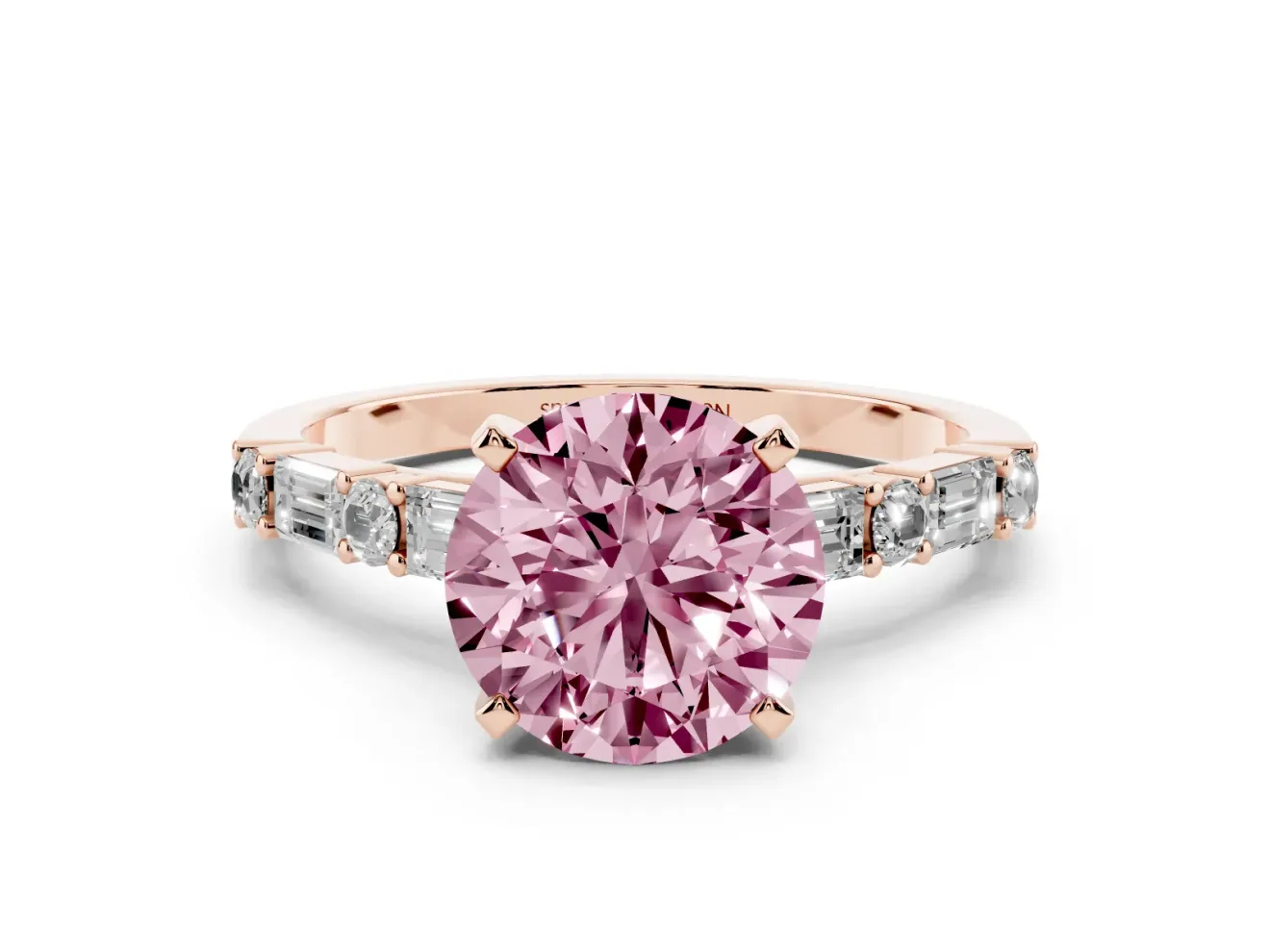 Fancy Pink Round Cut Diamond Solitaire Set in Rose gold with Side Baguettes and Channel Set Band