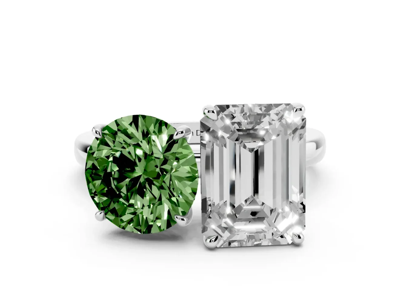 Fancy Green Round Cut and Emerald Cut Toi Moi Ring Set in Silver with Prong Setting