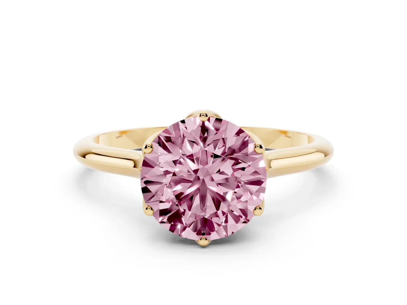 Fancy Pink Round Cut Diamond Solitaire Cathedral Ring Set in Yellow gold with Prong Setting