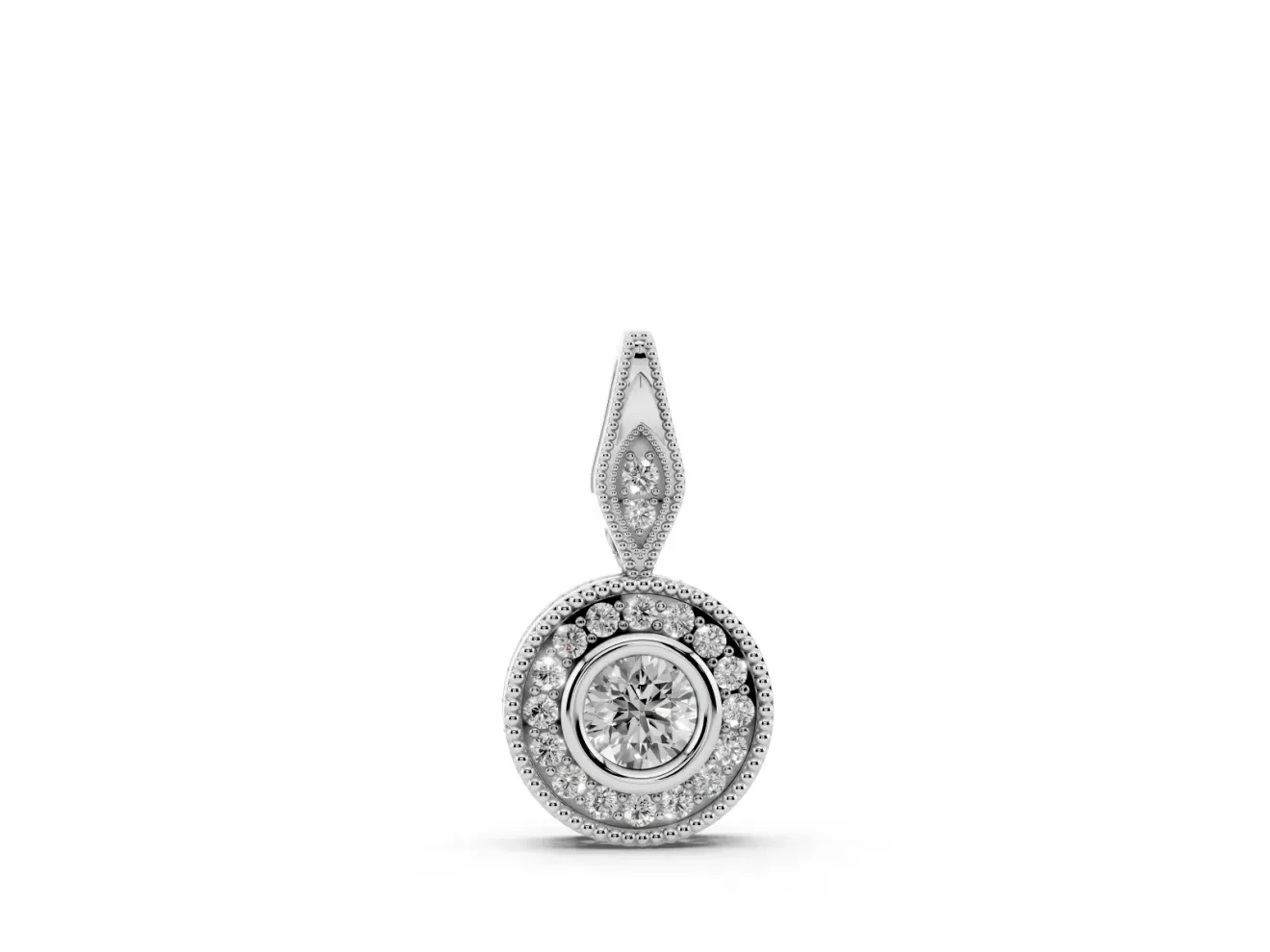 Round Lab-Grown Diamond Vintage Halo Pendant Necklace | Bezel and Milgrain | Sterling Silver