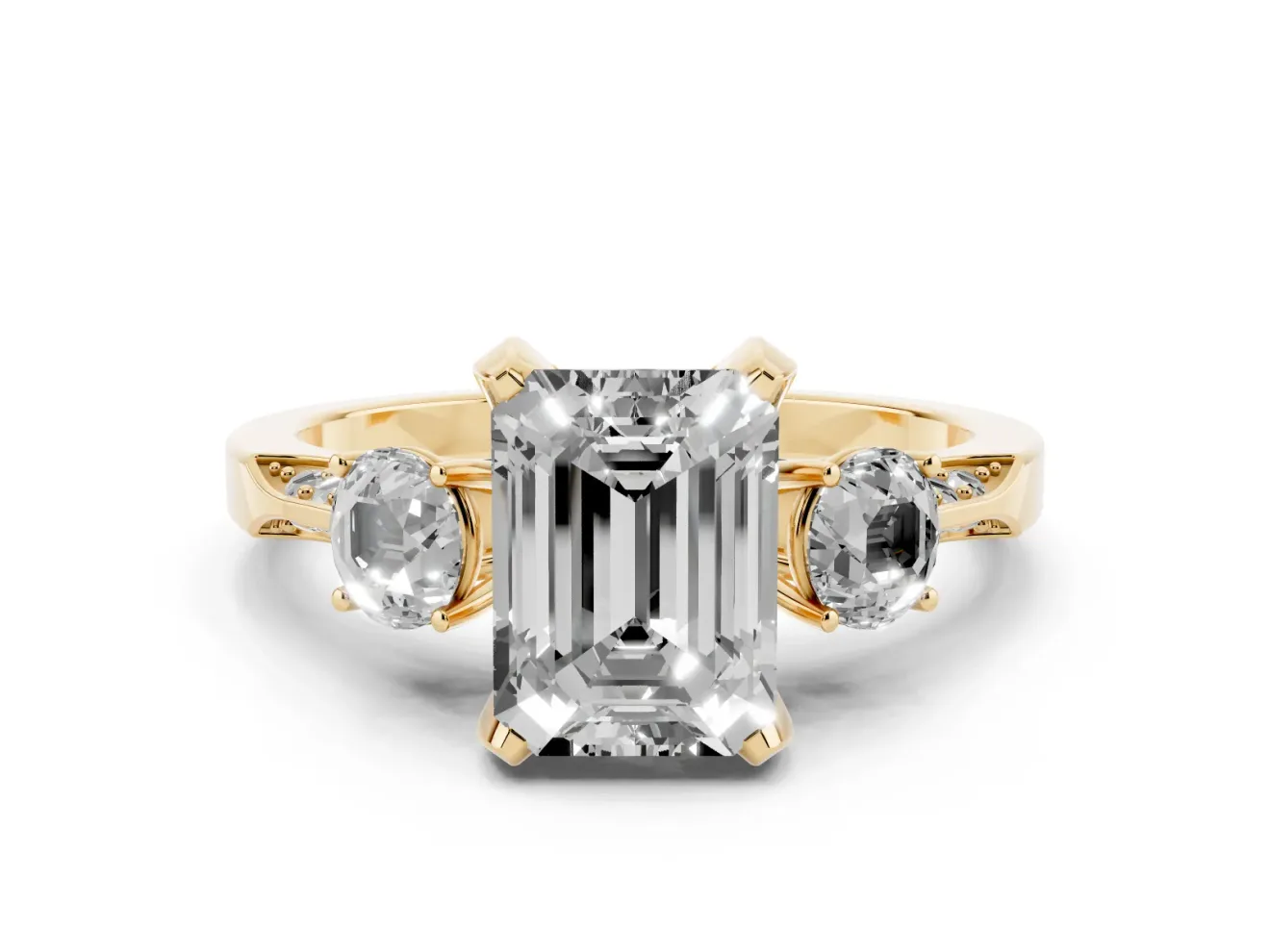 Emerald Cut Hidden Halo Three Stone Engagement Ring Setting for a Fancy Pink Lab-Grown Diamond | Yellow Gold