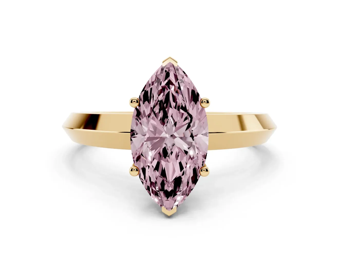 Fancy Pink Marquise Cut Diamond Solitaire Engagement Ring Set in Yellow gold with Flat Band and Prong Setting