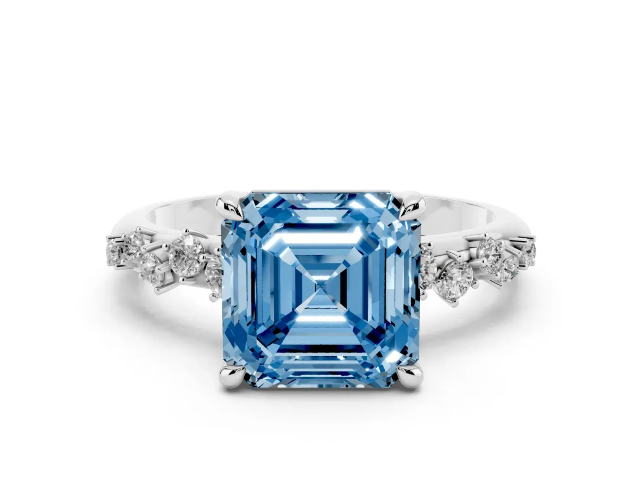 Fancy Blue Asscher Cut Diamond Solitaire Vine Band Ring Set in Platinum with Round Accents and Prong Setting