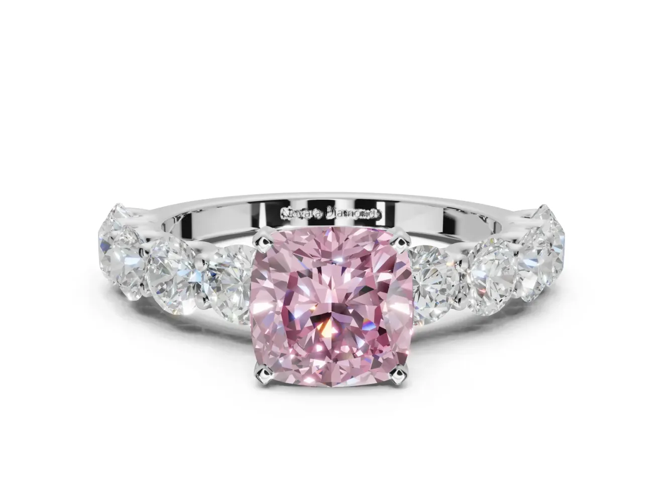 Cushion Cut Side Stone Engagement Ring Setting for a Fancy Pink Lab-Grown Diamond | Scalloped Prong Accents | White Gold