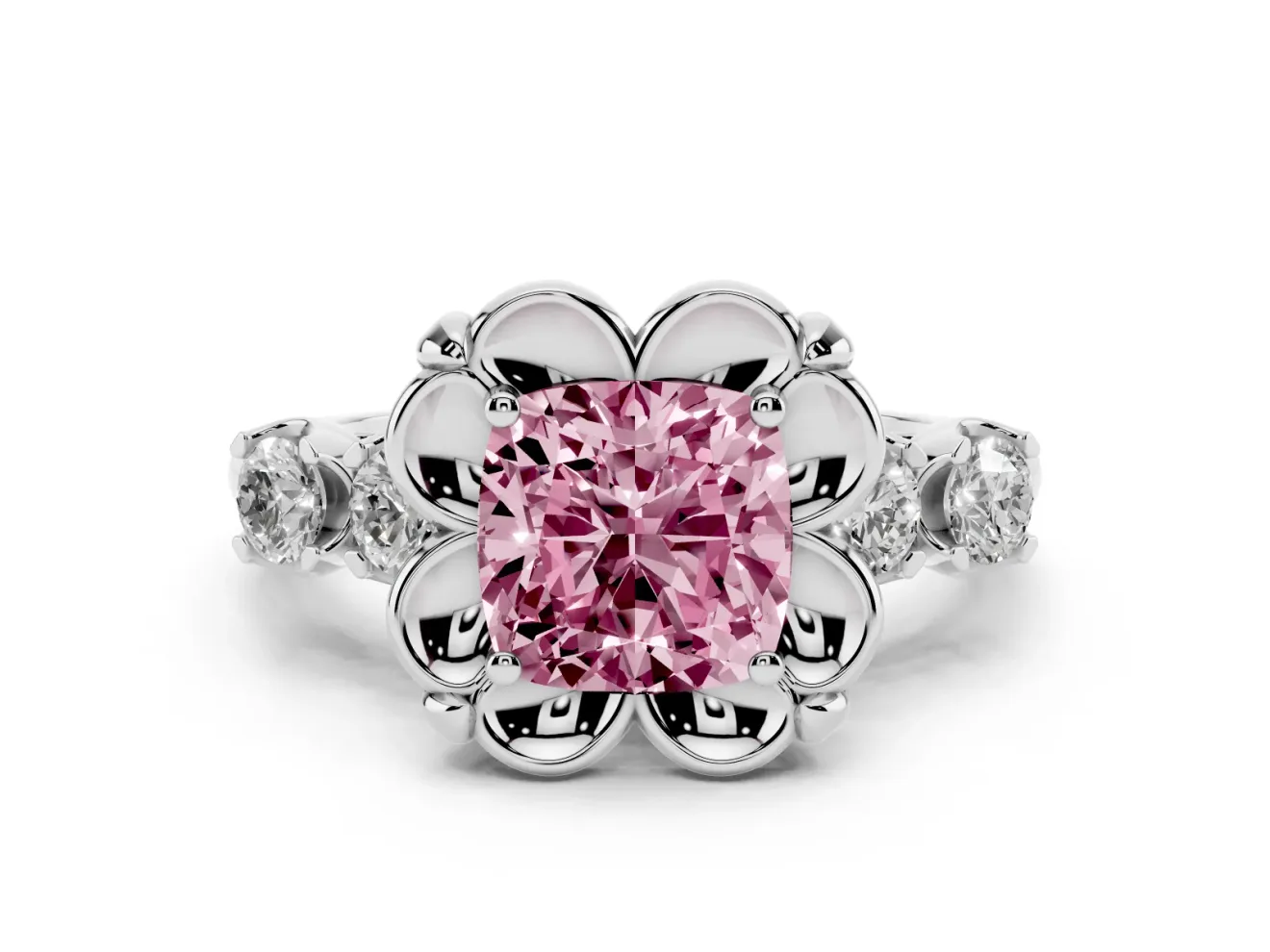 Fancy Pink Cushion Cut Diamond Floral Halo Ring Set in White gold with Shared Prong Band