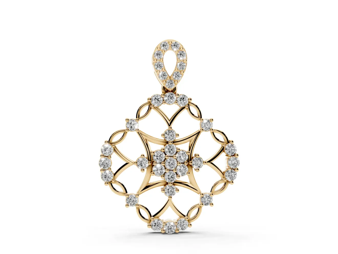 Round Lab-Grown Diamond Openwork Cluster Pendant Necklace | Quatrefoil Frame | Yellow Gold