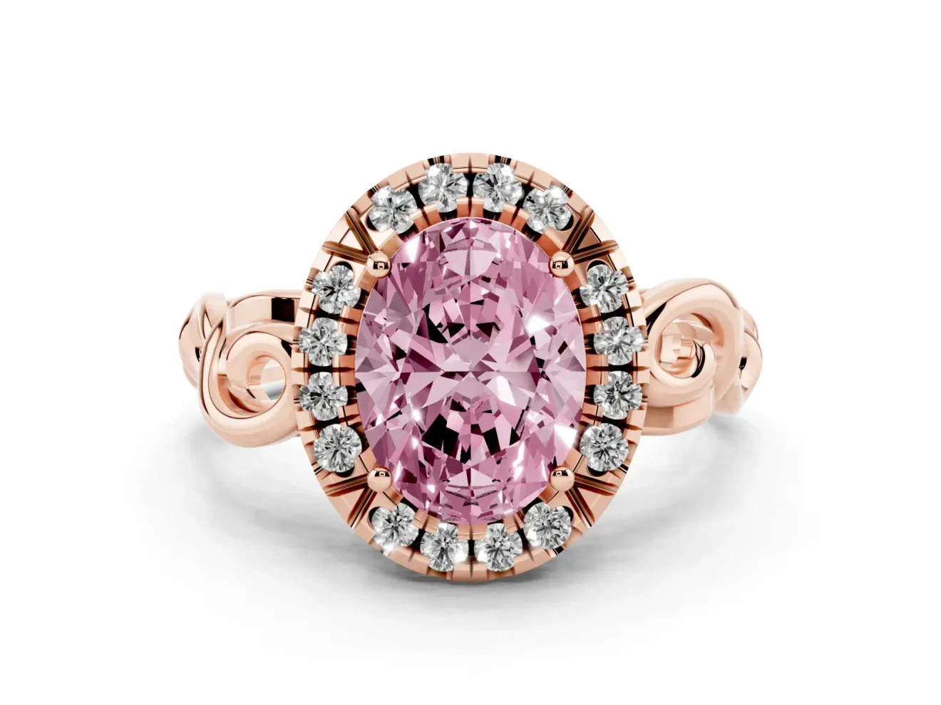 Fancy Pink Oval Cut Diamond Halo Ring Set in Rose gold with Scrollwork Band and Prong Setting